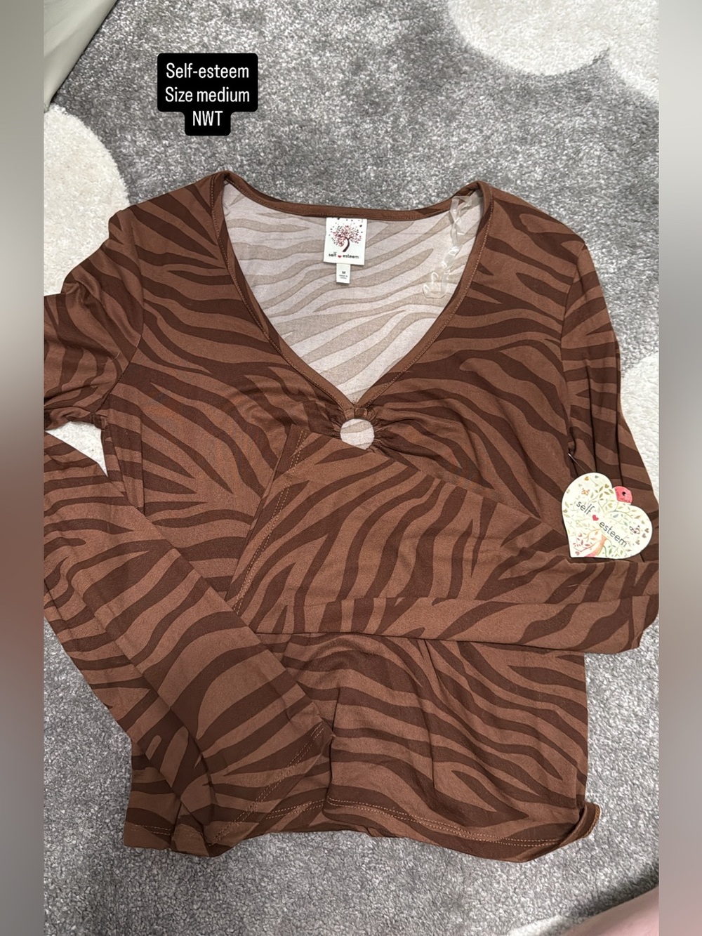 Self Esteem Brown Zebra-Stripe V-Neck Long Sleeve Top
